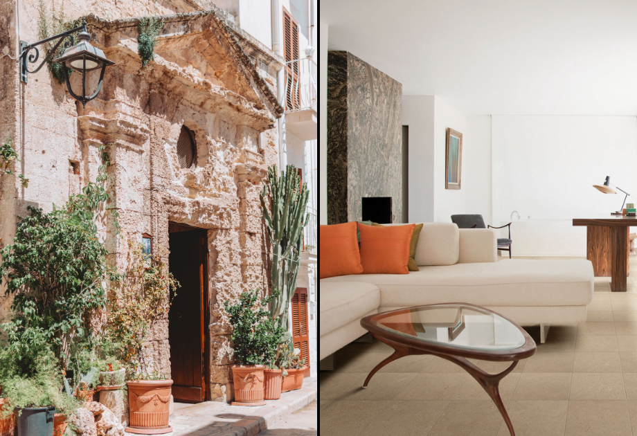split image of outdoor and indoor limestone and terracotta flooring